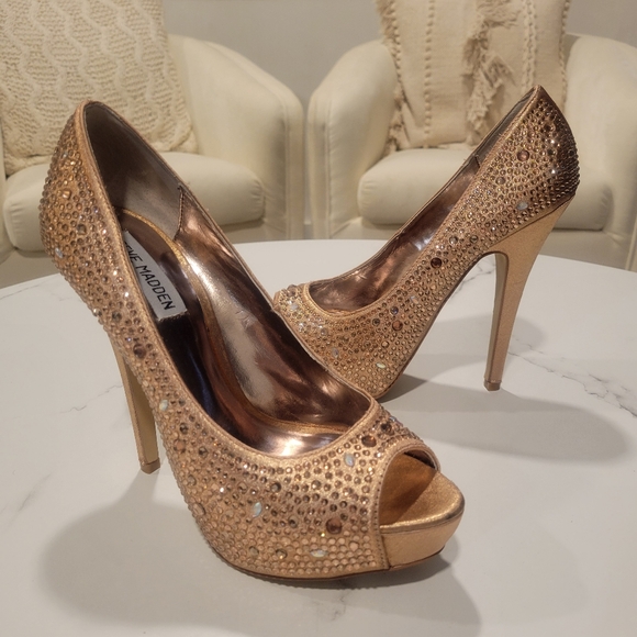 Steve Madden Cycile Rose Gold Pumps Heels Platform Rhinestone Stacked Peep Toe - Picture 1 of 11